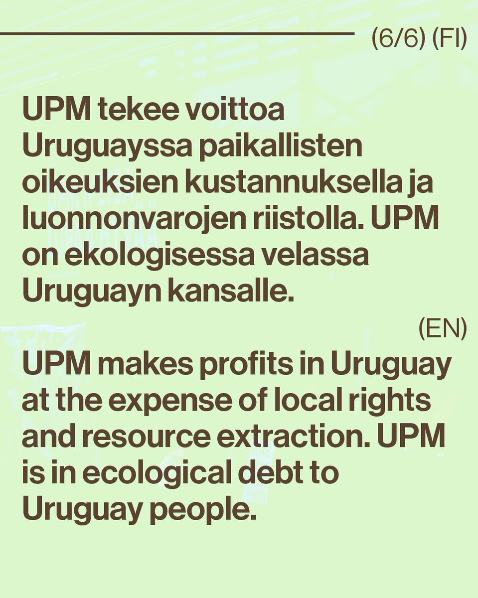 UPM tekee voittoa paikallisten oikeuksien kustannuksella ja luonnonvarojen riistolla. UPM on ekologisessa velassa Uruguayn kansalle.

@upmsuomi 
@upm_metsa 
@upmuruguay 

#upm #carbonsinks #climatecrisis #biodiversityloss #colonialism #FUERAUPM #noessequiaessaqueo #waterislife