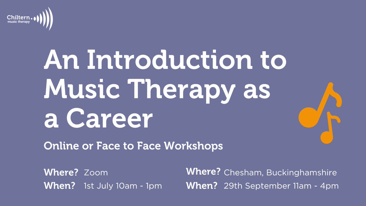 Interested in a career in #MusicTherapy? 

We have two upcoming workshops, one online 🧑‍💻and one in person 👩‍💼 where you can find out more and ask questions.

Book your place here 👉bit.ly/3oKOWMu

#careers #musictherapist