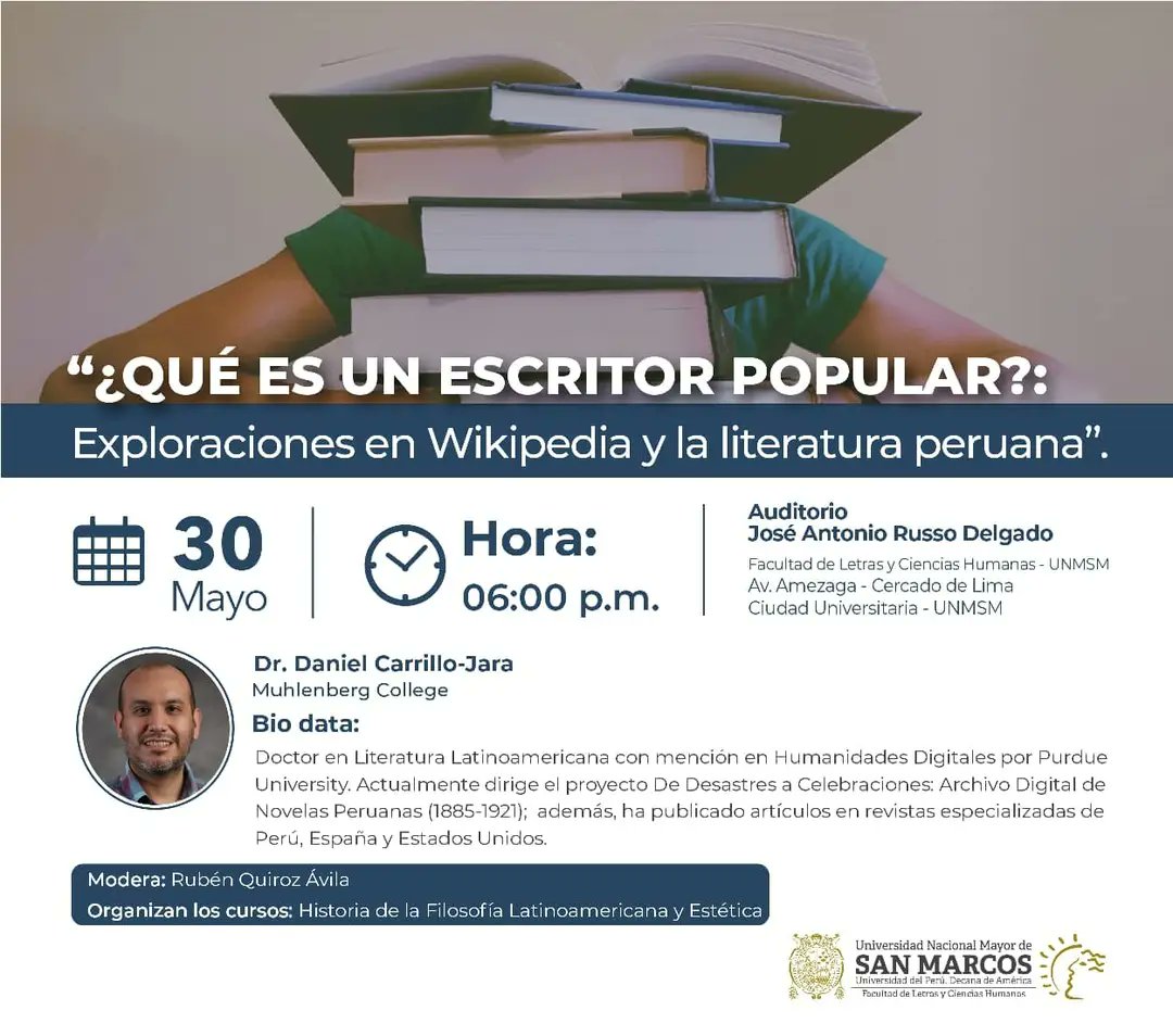 liteharto's tweet image. Después de 20 años (base 2003!), hoy regreso a @letrasUNMSM para hablar sobre #humanidadesdigitales, 
literatura peruana y @eswikipedia 
Pasen a saludar si están por allí 🤖