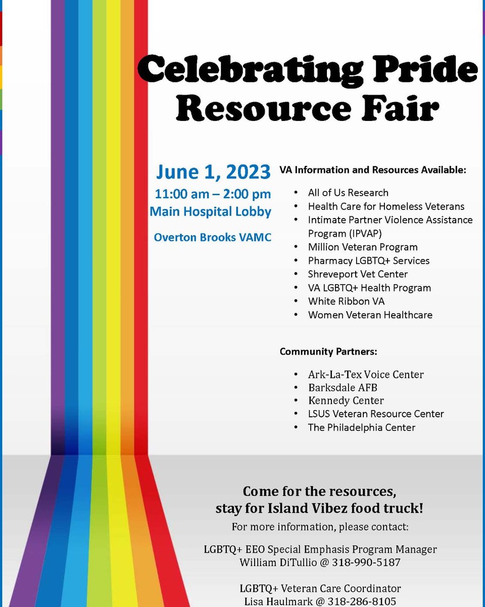The VA will be hosting a resource fair this Thursday featuring a lot of great resources and the Island Vibez food truck!

Overton Brooks VAMC
Thursday, June 1st
11:00am - 2:00pm Central

#veterans #vets #shreveport #bossier #bossiercity #resourcefair