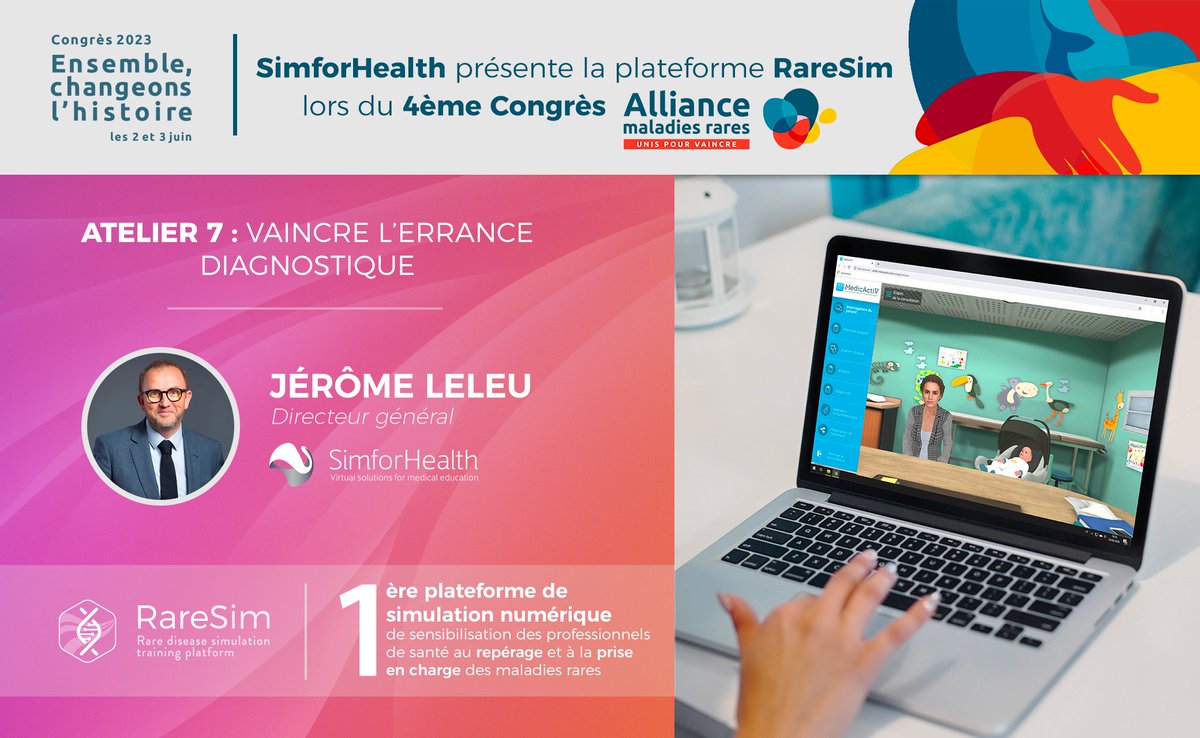 🚀[J-2 | Congrès Alliance maladies rares] “Ensemble changeons l’histoire” 🗣️@jeromeleleu interviendra lors de l’atelier “Vaincre l’errance diagnostique” pour présenter RareSim, la plateforme dédiée à la formation dans le domaine des maladies rares 🗓️ 2 juin 📍 Paris