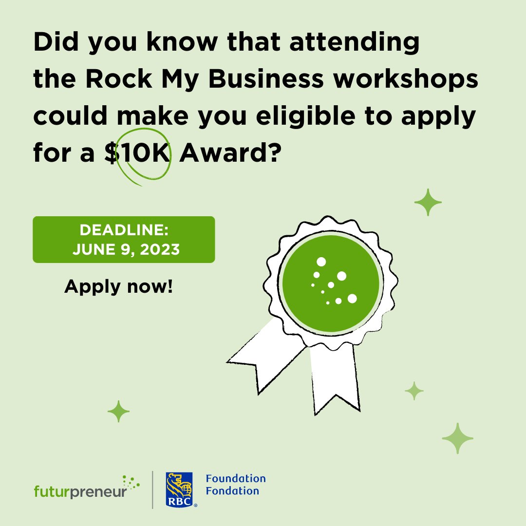 Are you ready to #RockYourBusiness? Futurpreneur &amp; @rbc can help YOU boost your #smallbusiness &amp; grow your professional network. Find out if you could be one of the 8 recipients to get $10k each! Apply by June 9, 2023.  
👉 bit.ly/3MZQlHt (Eligibility criteria apply).