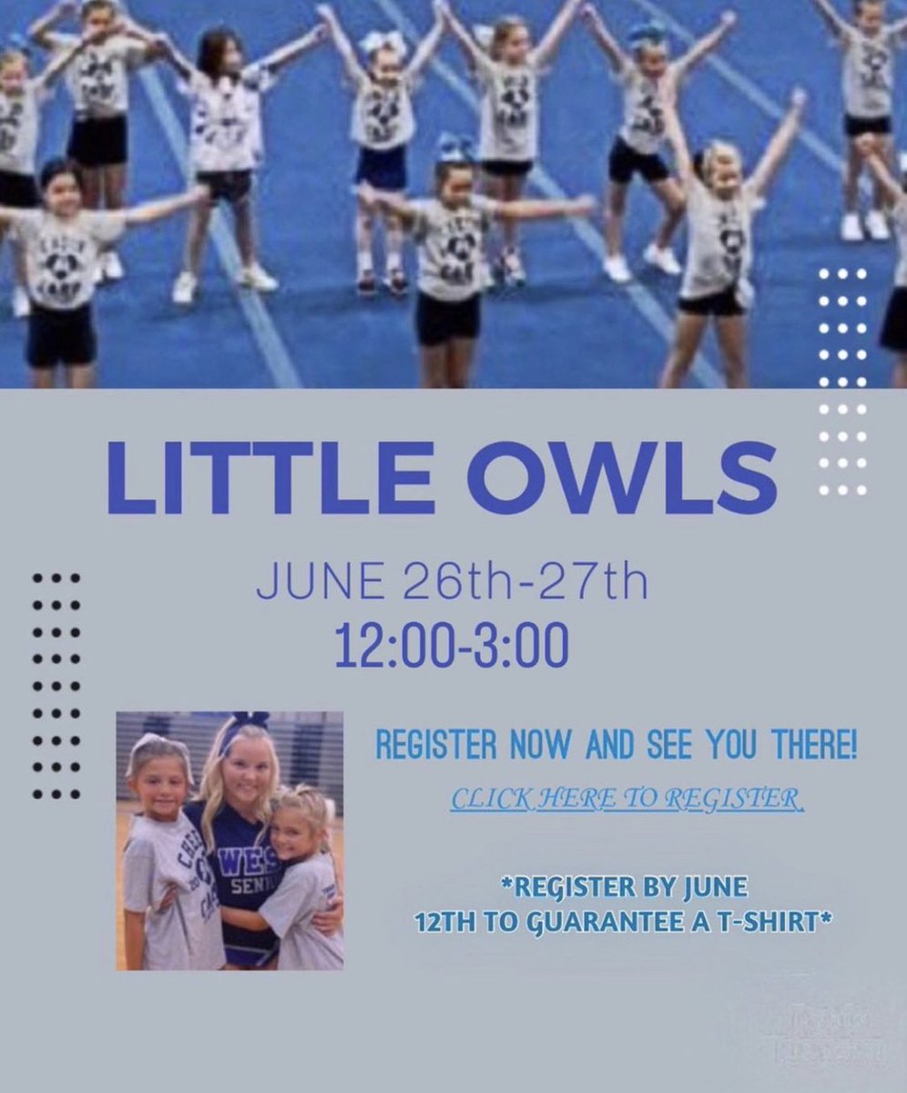 Olathe West Cheer (@olathewestcheer) on Twitter photo There’s still time to register for our little owls camp! Go to bit.ly/littleowlcamp to register! <a href="/OWNovacekOWLS/">Jay Novacek</a> <a href="/OlatheWestOwls/">Olathe West High</a> <a href="/AnnaLynnMorris/">AnnaLynn Morris</a> <a href="/ADButlerOW/">ADButlerOW</a> There’s still time to register for our little owls camp! Go to bit.ly/littleowlcamp to register! <a href="/OWNovacekOWLS/">Jay Novacek</a> <a href="/OlatheWestOwls/">Olathe West High</a> <a href="/AnnaLynnMorris/">AnnaLynn Morris</a> <a href="/ADButlerOW/">ADButlerOW</a>