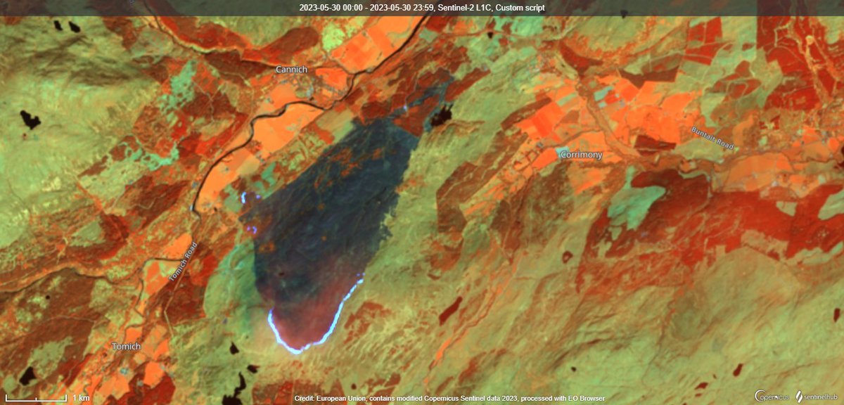 #wildfire #Scotland. High resolution SWIR image from Sentinel-2 on 30-May-23. Fire front clearly visible. Burnt area about 6 km^2. <a href="/fire_scot/">Scottish Fire and Rescue Service</a> still on site. #sfrs
(Data <a href="/sentinel_hub/">Sentinel Hub</a>,<a href="/CopernicusEU/">Copernicus EU</a> &amp; <a href="/ESA_EO/">ESA Earth Observation</a>