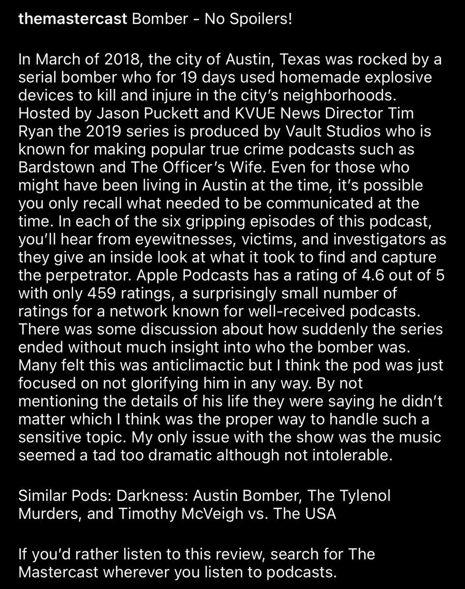 New podcast recommendation! No spoilers! If you’d rather listen to this review, search The Mastercast wherever you get your podcasts. 

#podcast #Austin #KVUE #truecrime
