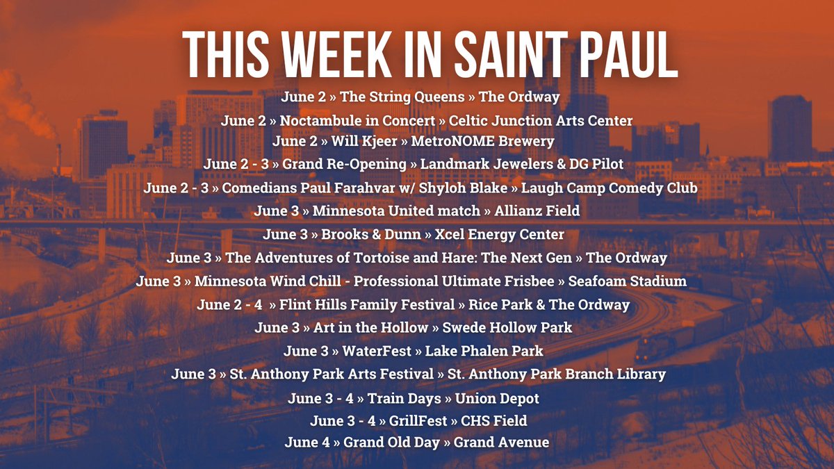 Check out these events this week in #MYSAINTPAUL 

Stay on top of what is happening here in the Capital City and get events sent directly to your mailbox.

Learn more here » visitsaintpaul.com/plan-your-trip…