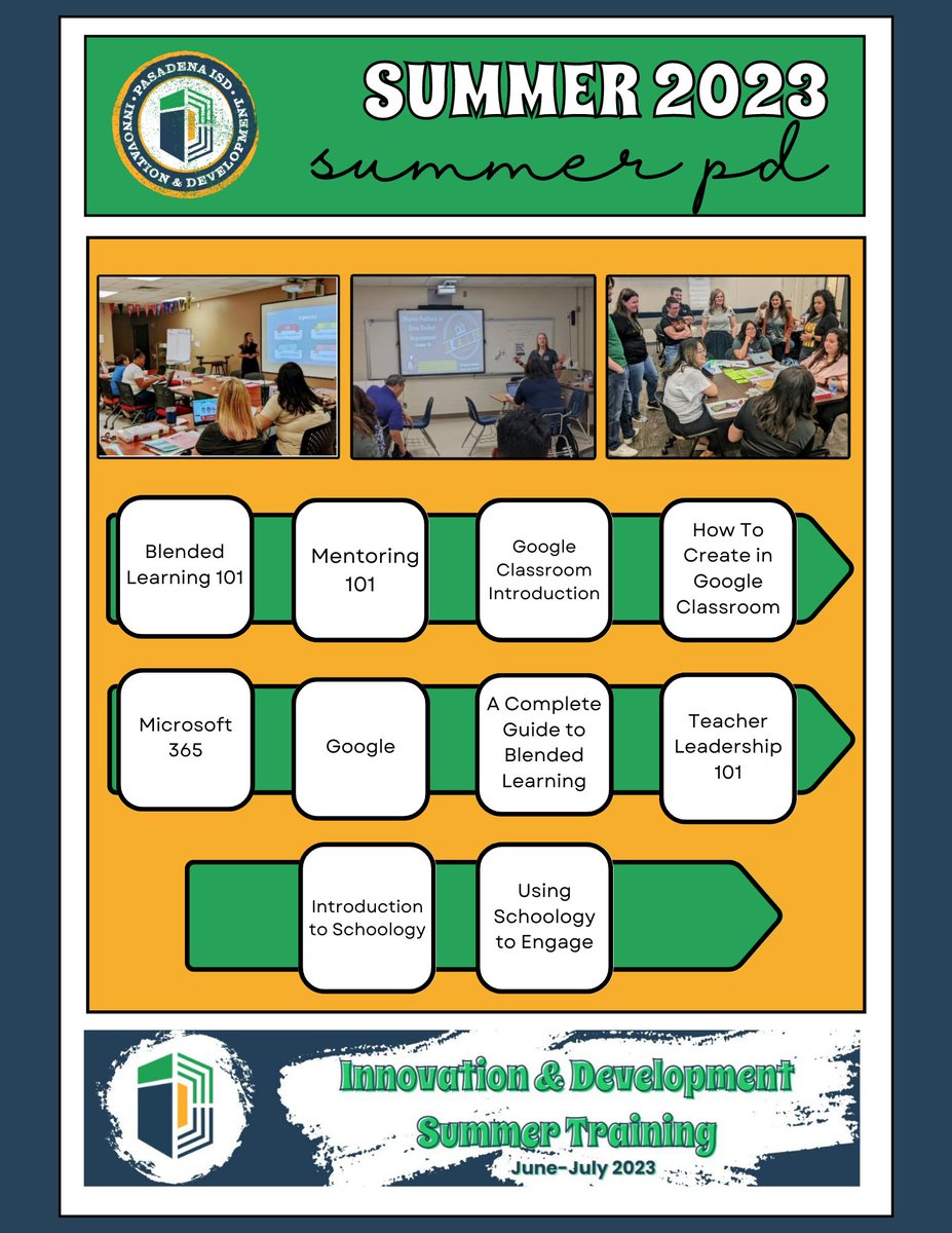 PISD_Innovation's tweet photo. Innovation &amp; Development is glad to share upcoming summer PD opportunities!

➖LMS (Schoology + Google Classroom)
➖Productivity Tools (Google + Microsoft)
➖Teacher Leadership
➖Mentoring
➖Blended Learning

Use the link to sign up today! https://t.co/Cw8PwDYCOX @PasadenaISD_TX https://t.co/ChvDuty0bs