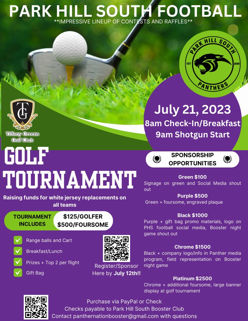 PHSFBBooster's tweet photo. 🏌️ Join us for a swinging good time at the Park Hill South Panthers Football team Golf Tournament! 

Thank you in advance for your support! We can't wait to see you on the green, raising funds for the Park Hill South Panther football team. Go Panthers! 🏈🐾 https://t.co/Roj4shR0kE