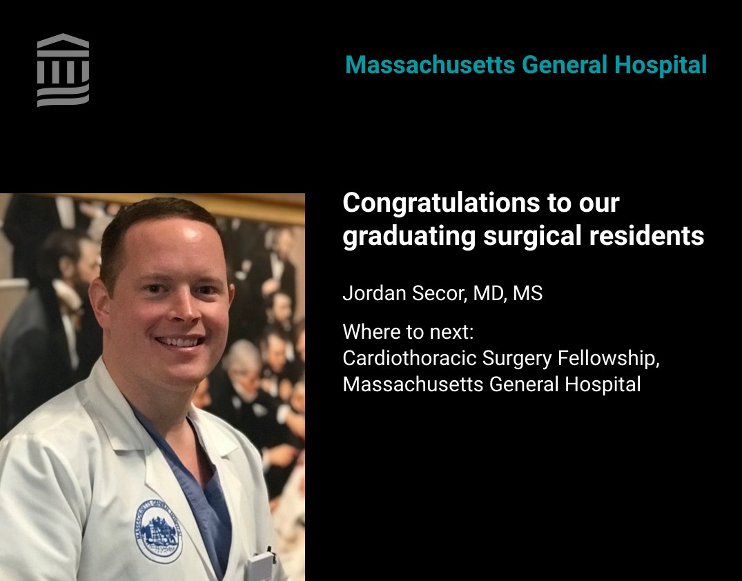 Congratulations to graduating surgical resident, Dr. Jordan Secor, and all that he has accomplished at #MGHsurgery! As his next step, he will be pursuing fellowship training in cardiothoracic surgery here at Mass General.
