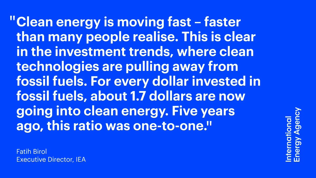 International Energy Agency (@IEA) on Twitter photo 2023-05-30 20:45:01 ๐ฃ โClean energy is moving fast โ faster than many people realise. This is clear in the investment trends, where clean technologies are pulling away from fossil fuelsโ More from IEAโs @fbirol on the accelerating momentum behind clean energy spending โ iea.li/3INPoAr ๐ฃ โClean energy is moving fast โ faster than many people realise. This is clear in the investment trends, where clean technologies are pulling away from fossil fuelsโ More from IEAโs @fbirol on the accelerating momentum behind clean energy spending โ iea.li/3INPoAr