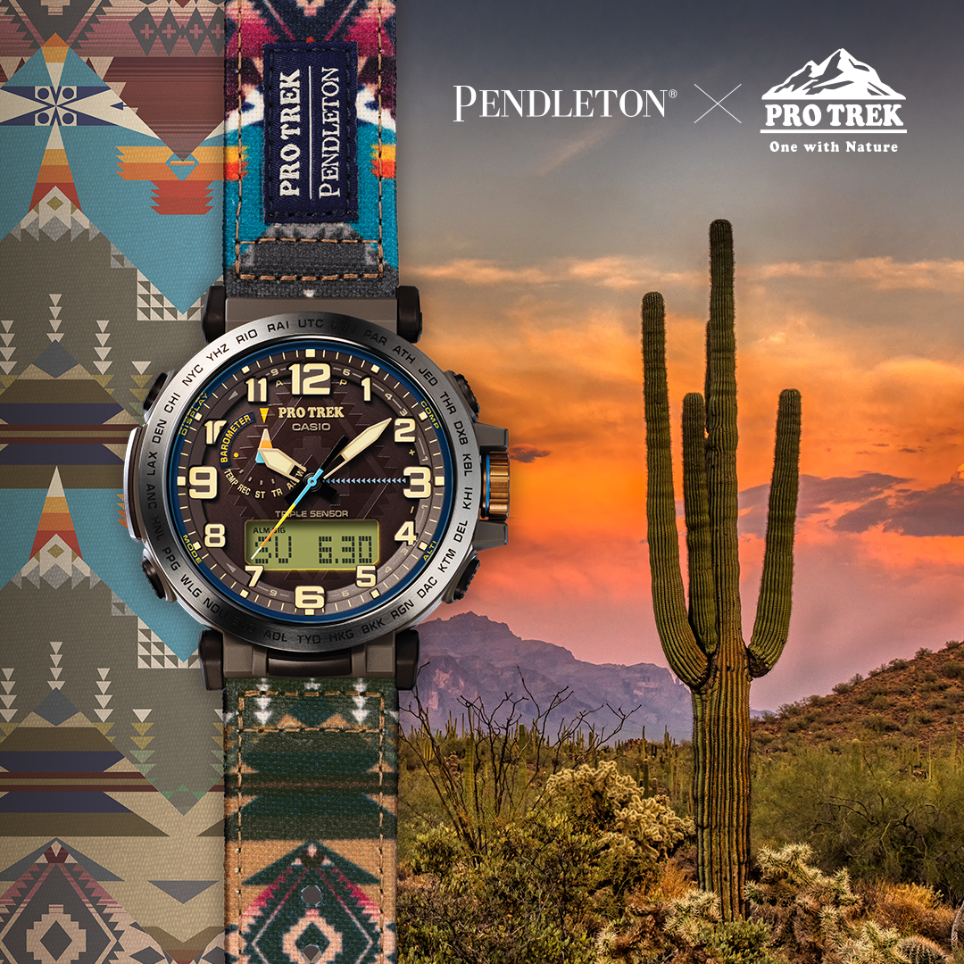 Introducing the new PRO TREK x PENDLETON PRG601PE-5! ⌚ This watch was designed with eco-friendly bio-based resins for the case & case back and a band made from recycled PET cloth materials derived from plastic bottles. 🌵 Available for PRE-ORDER now at Casio.com!