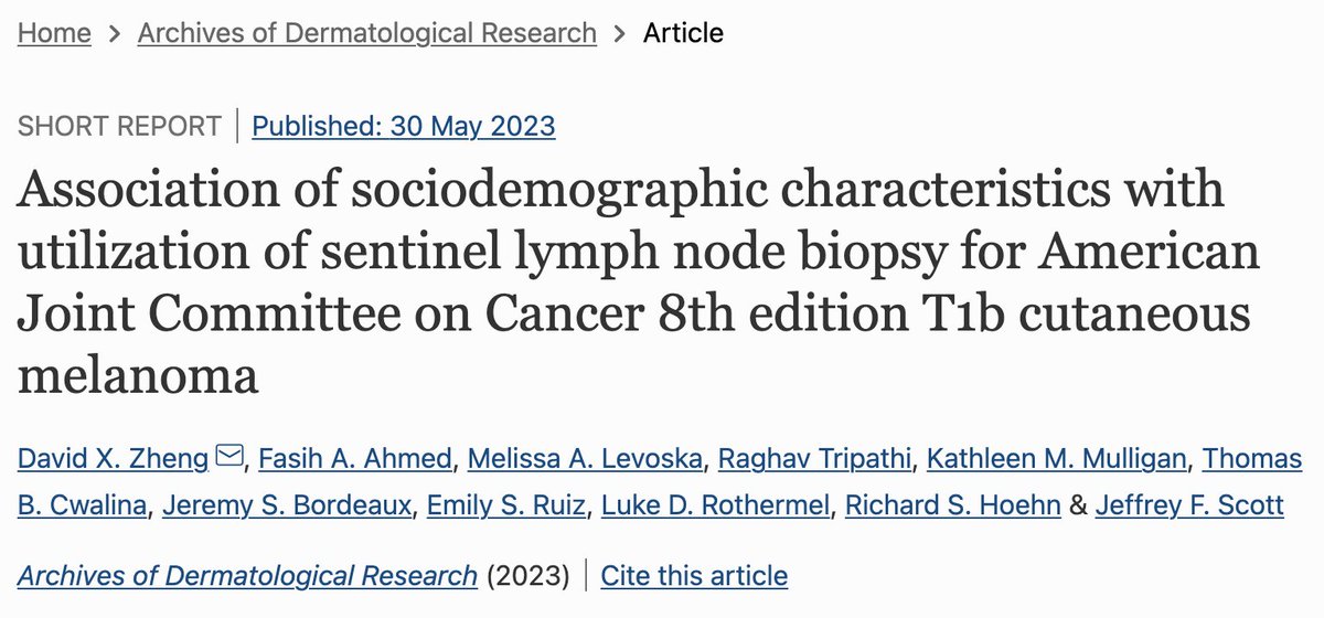 Excited finally to see my first ever dermatology research project idea in press. We examined factors associated with receipt of sentinel lymph node biopsy for AJCC 8th edition T1b cutaneous melanomas, for which there are no definitive guidelines per NCCN.

link.springer.com/article/10.100…