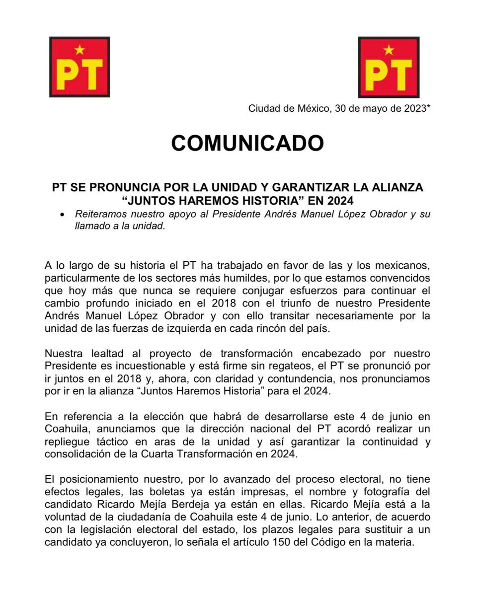 PTnacionalMX's tweet photo. #ComunicadoPT 

PT SE PRONUNCIA POR LA UNIDAD Y GARANTIZAR LA ALIANZA “JUNTOS HAREMOS HISTORIA” EN 2024.

Reiteramos nuestro apoyo al Presidente @lopezobrador_ y su llamado a la unidad. https://t.co/BAcY6nKv9T