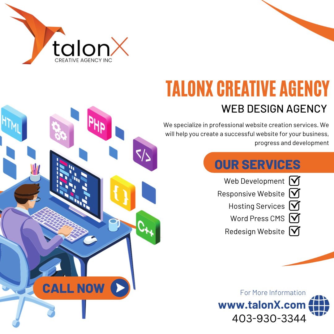 TalonX Creative Agency offers Web and graphic design services for your business to earn maximum ROI. Call our main desk at 403-930-3344 or mail us on STUDIO@TALONX.com to discuss about your business website
.
#websitedesign #graphicdesignagency #calgarywebdesign #logodesigning