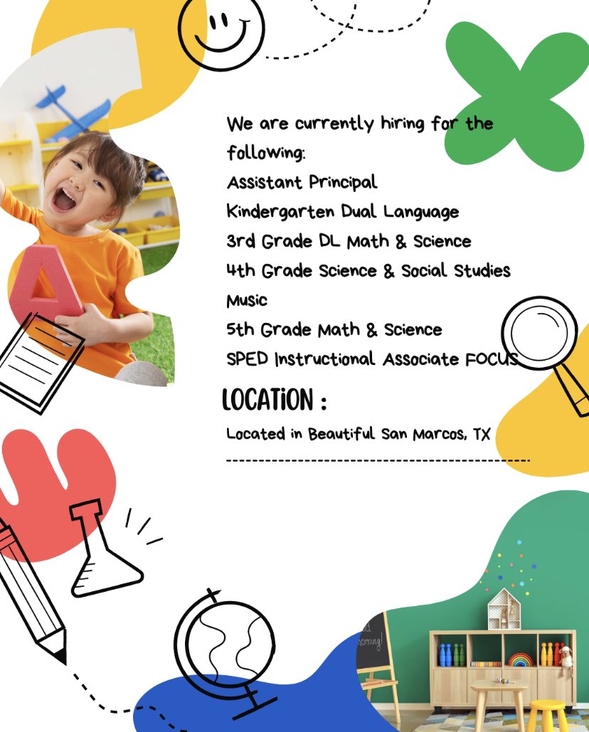 Come join our Hernández Family!! Currently searching for:
Assistant Principal 
Kinder DL
3rd DL Math &amp; Science
4th Science &amp; Social Studies
5th Math &amp; Science
Sped Instructional Associate - Focus