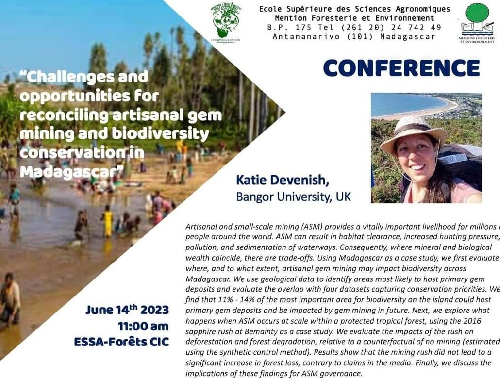 If you are in Antananarivo &amp; interested in impacts of artisanal mining on biodiversity, then head to <a href="/ESSAForets/">ESSA Eaux et Forêts</a> for this seminar by <a href="/DevenishKatie/">Katie Devenish</a> (14th June). Includes her analysis of whether the Bemainty gem rush actually increased deforestation. #idoimpact