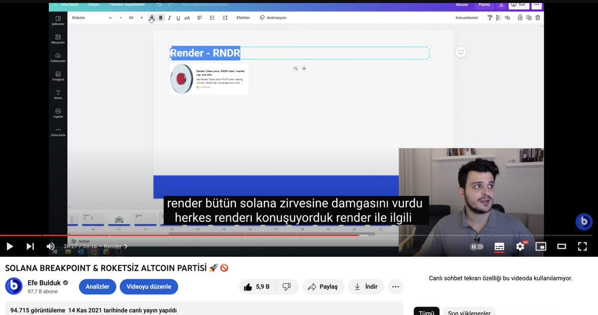 @makinvestment Aklın yolu bir, 14 Kasım 2021 YouTube yayını.
-İlk Solana Breakpoint'e Render damgasını vurdu demiştim.

Son zamanlarda Render ile çok fazla Türk yatırımcısına para kazandırdın. 
Tebrik ederim MAK 👏