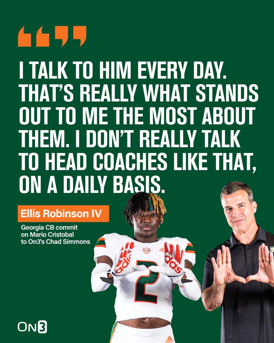 Miami HC Mario Cristobal is making Georgia 5-star CB commit Ellis Robinson IV a personal priority as he tries to flip him🙌

More from @ChadSimmons_ (On3+): on3.com/news/ellis-rob…