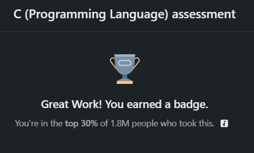 After the simple shell project, 🐚 Next up, I took the LinkedIn skill assessment on C programming and managed to score in the top 30% on my first try! 🎉 

Give it a shot as well!  

#ALX_SE  #LinkedIn #Cprogramming