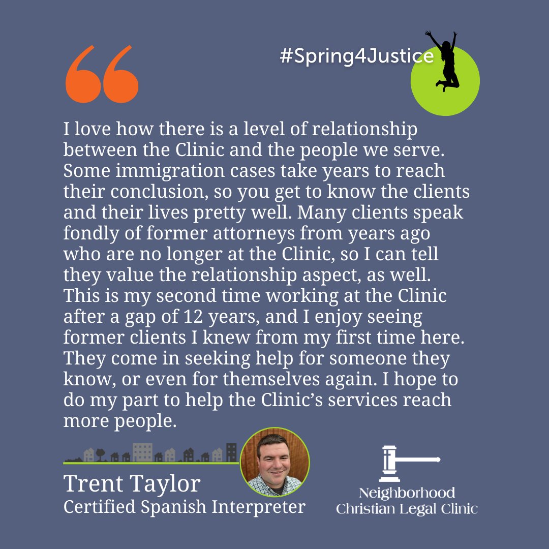 NCLegalClinic's tweet photo. Learn why our Certified Spanish #Interpreter values working at the Clinic! Trent helps make our #freelegalservices accessible to Spanish-speaking clients in all programs, but especially in our Immigrant & Survivor #Justice Program, today's #Spring4Justice spotlight.
#staffquote https://t.co/MxBfRv4Kox