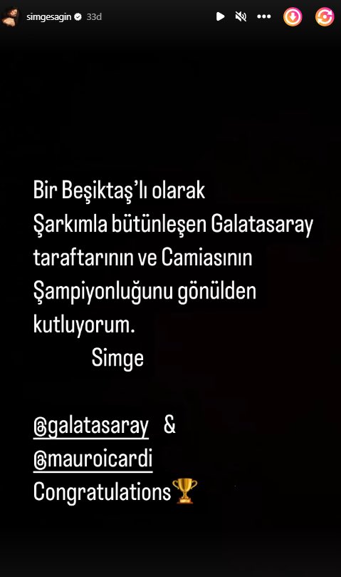 📸 Simge Sağın: 

“Bir Beşiktaşlı olarak şarkımla bütünleşen Galatasaray taraftarının ve camiasının şampiyonluğunu gönülden kutluyorum.”