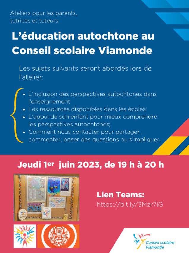 Atelier pour parent: Éducation autochtone Intégration des perspectives autochtones en enseignement : Jeudi 1 juin 2023, de 19h à 20h.