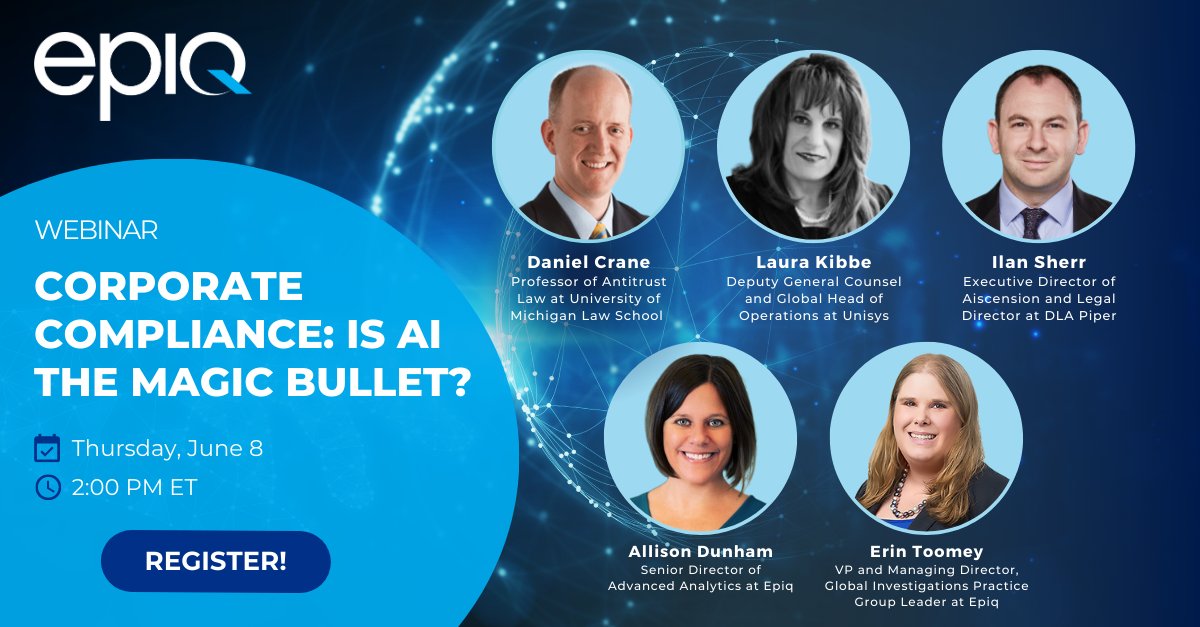 EpiqGlobal's tweet photo. Gov. agencies, corporations and their counsel are increasingly adding #AI components to their #complianceprograms. But will AI become a reality in this area of the law given that general counsel are not using those tools broadly?
Join the discussion: https://t.co/QizOT9GeHX https://t.co/3nFUOlEmoF