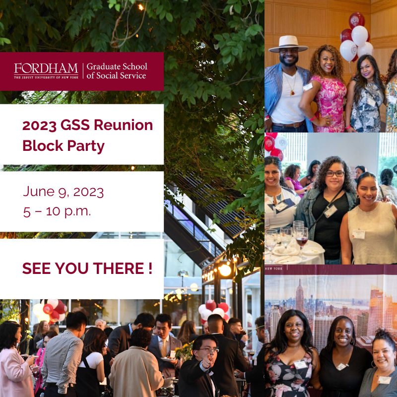 Join us at the Bateman Room in Fordham's Law School from 6 to 7:30 p.m. for the 2023 GSS alumni Block Party!

This year's theme is "A Celebration of the Social Work Profession," honoring our graduates' incredible work in their communities.

Register now: fordh.am/186