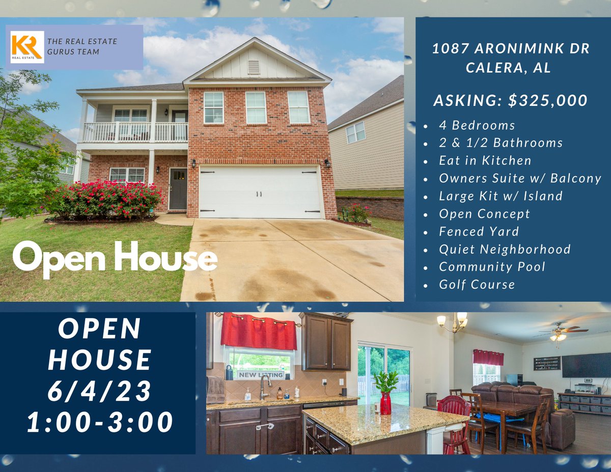 Open House 6/4/2023 from 1:00 -3:00 pm
Come see this spacious open concept four bedroom, two and a half bath home in the wonderful Timberline Community. If you have any questions, please call or text Kyle Lubsen at (205) 209-2421
#openhouse #caleraalabama #homeforsale
