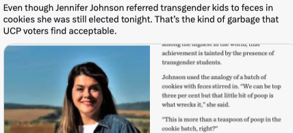 Aside from all the many #AlbertaElection2023 many questions #cdnpoli Why is #Alberta Bigot #ableg Jennifer Johnson @UCP baking feces in her cookies?