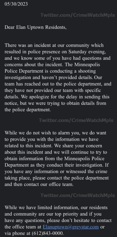 Looks like Elan Uptown Luxury Apts has finally responded to residents' concerns about the weekend shootings (no mention of the continued disturbances, nor existing gang concerns).
They claim they have no information and are waiting for police to inform them about the details.