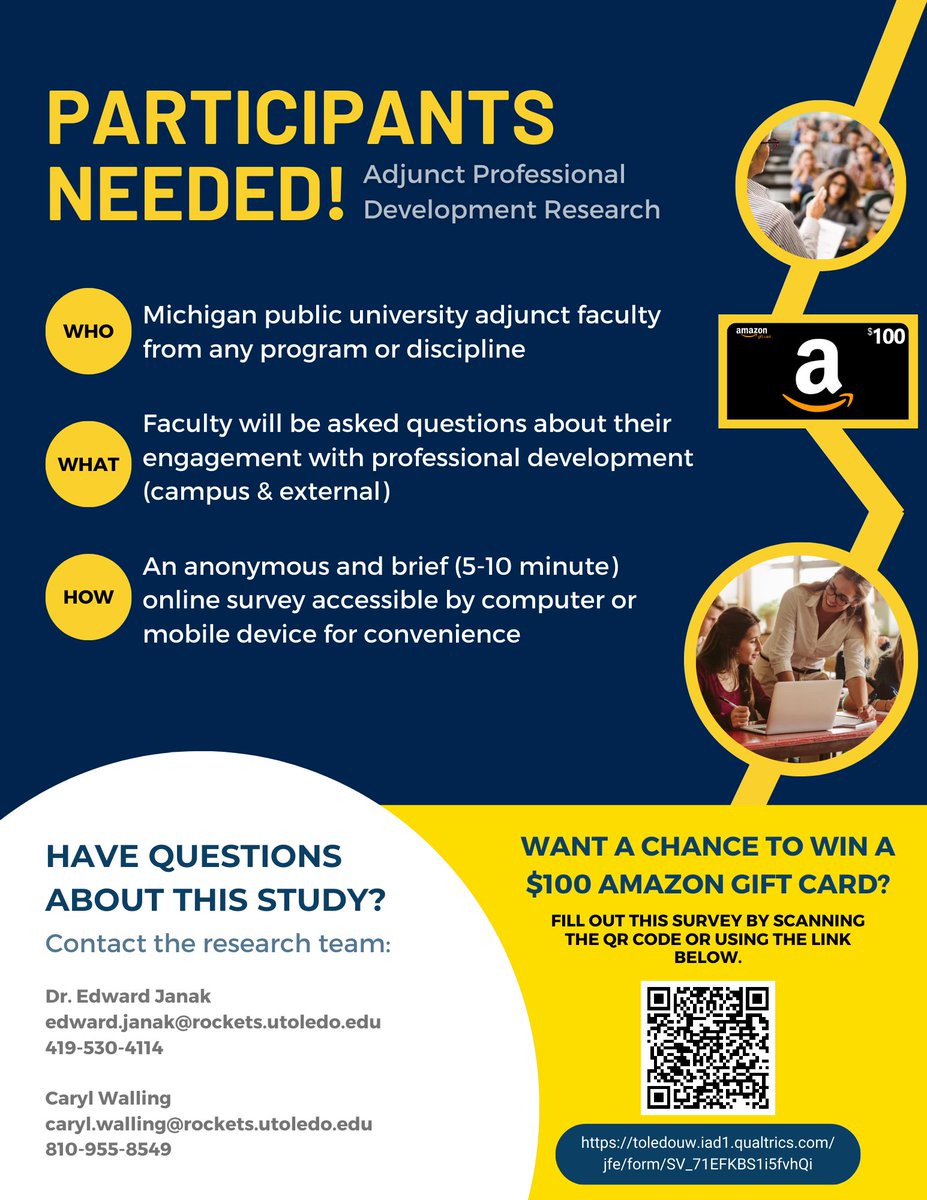 Want a chance to win a $100 Amazon gift card? Are you an adjunct faculty member in Michigan? Take this 5-10 min survey to help with a Ph.D. research study! lnkd.in/ga2wx3ur #adjunctfaculty #michiganfaculty #phdresearch #phdstudent