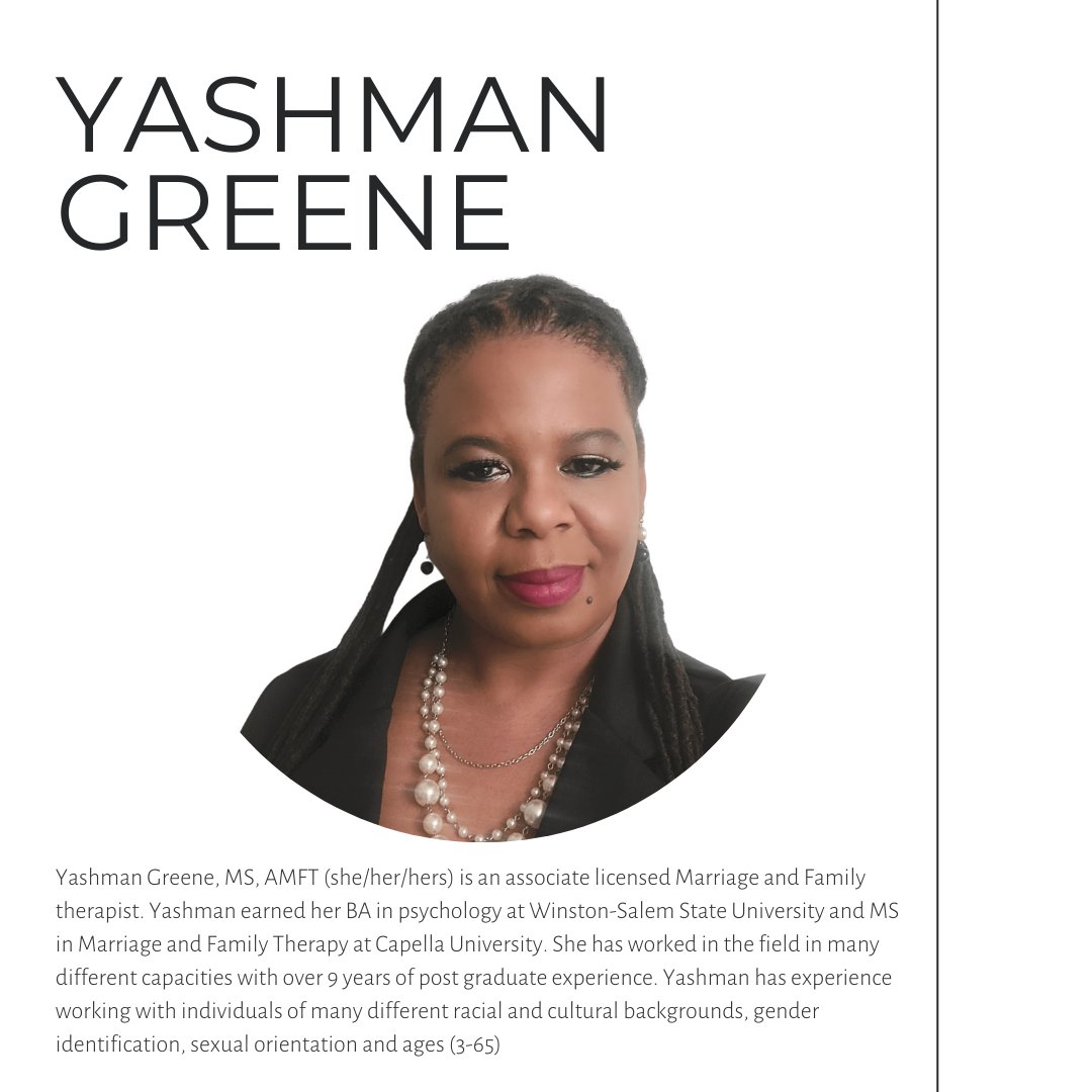 TerriAbrahamLPC's tweet photo. Meet our newest therapist Yashman!

Yashman Greene, MS, AMFT (she/her/hers) is an associate licensed Marriage and Family therapist. Yashman earned her BA in psychology at Winston-Salem State University and MS in Marriage and Family Therapy at Capella University. 

As a Marria ... https://t.co/Xw0XIz35P1