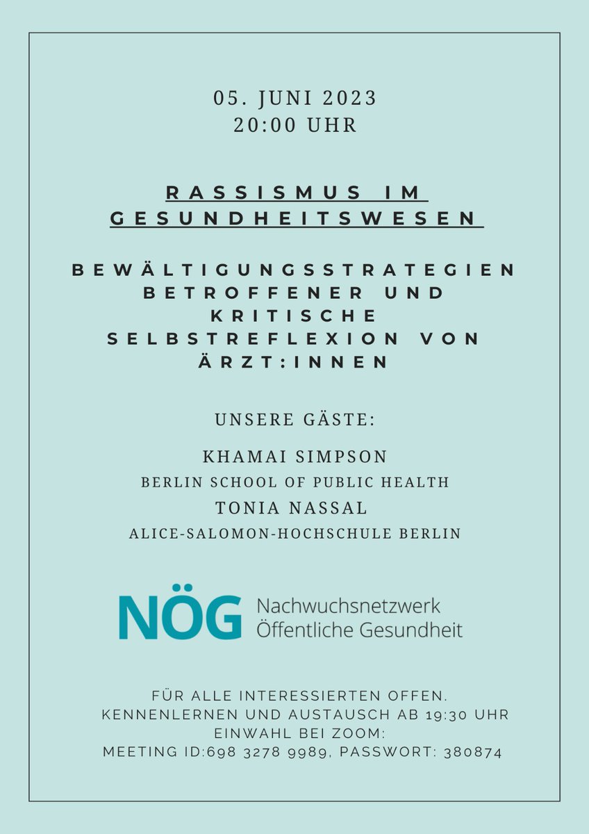 Wir laden ein zum offenen NÖG-Treffen zum Thema #rassismus im #gesundheitswesen am Montag, 5. Juni  20Uhr via Zoom💻  

Offenes Kennenlernen und Austausch schon ab 19.30Uhr :)

Du kennst das NÖG noch nicht? 
↪ Einfach vorbeikommen. Für alle Interessierten offen!