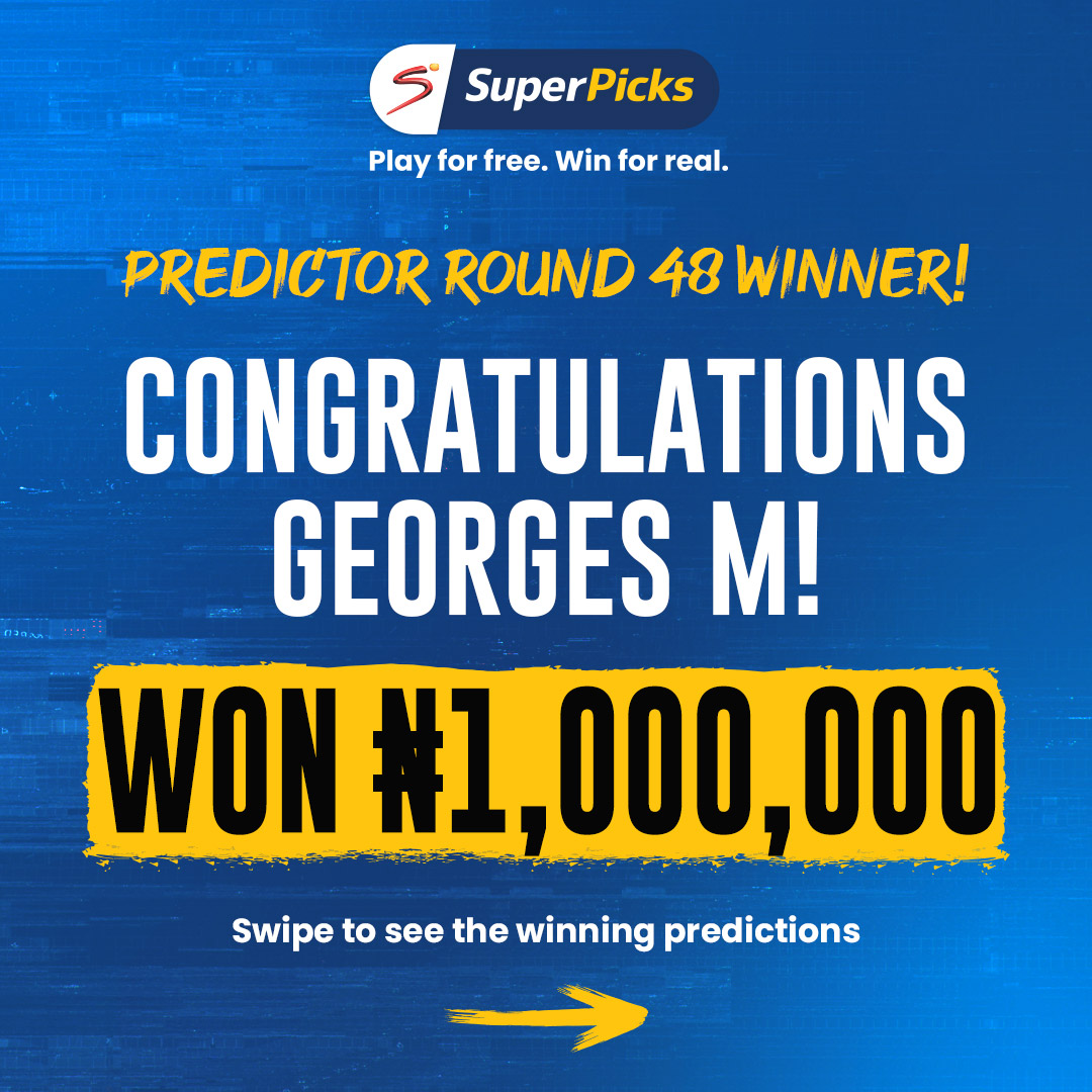 SuperPicks's tweet photo. Our last Predictor winner 🥂 for the season is Georges M! 🥳

They walk away with N1,000,000 🤑 after their 1⃣9⃣ point round + tiebreaker! 🤩

#SuperPicks #PlayForFree #WinForReal https://t.co/5Ii0SovRP4