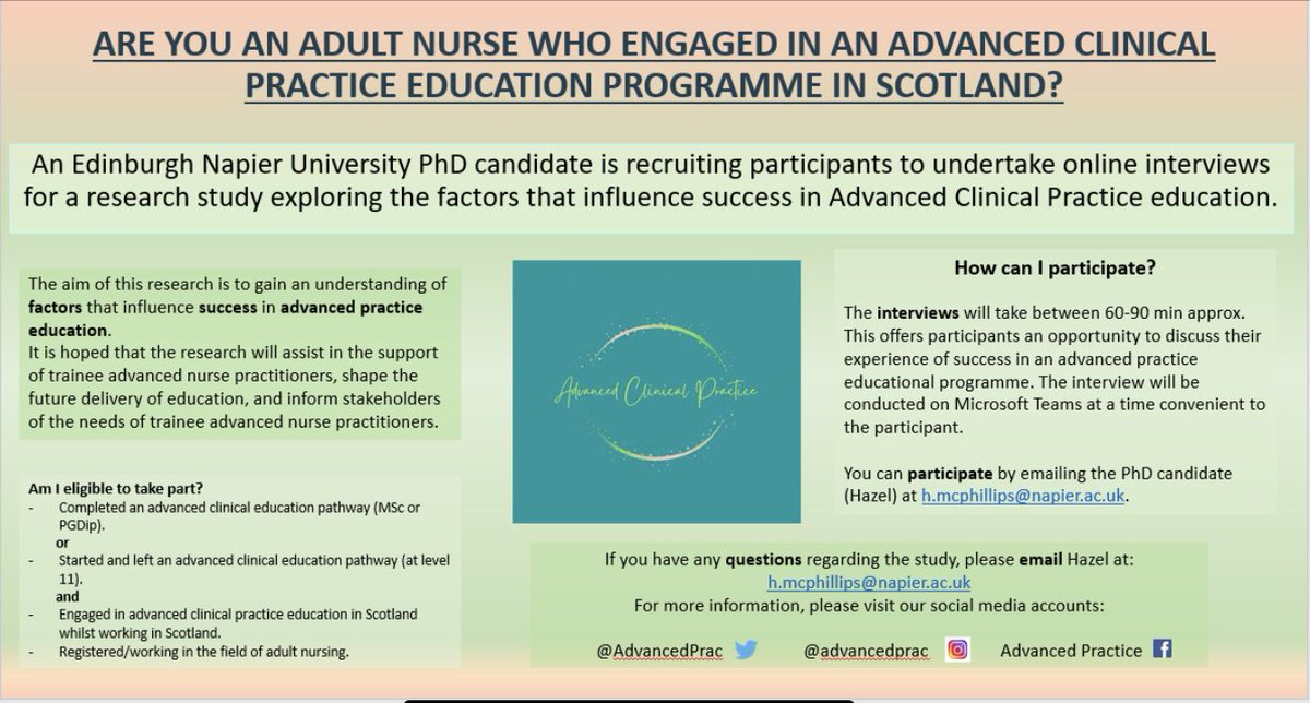 Are you a nurse trained in adult field?
Have you ever (not currently) engaged in #advancedpractice education?
Are you based in Scotland?
Looking to recruit to the study below.
#advancednursepractice #advancedclinicalpractice #nursepractitioner #advancedpracticeeducation #ANP #ACP