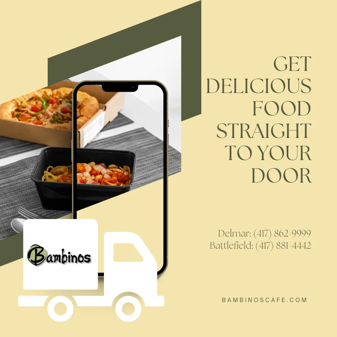 BambinosCafe's tweet photo. You can enjoy the delicious taste of Bambinos in the comfort of your home!

📱Delmar Rd: Order from GrubHub 
📱Battlefield Rd: Order from DoorDash

#417land #417food #SpringfieldMo #bambinoscafe #italianrestaurant #italianrestaurantspringfield #fooddeliveryspringfield https://t.co/6913SW8fbp
