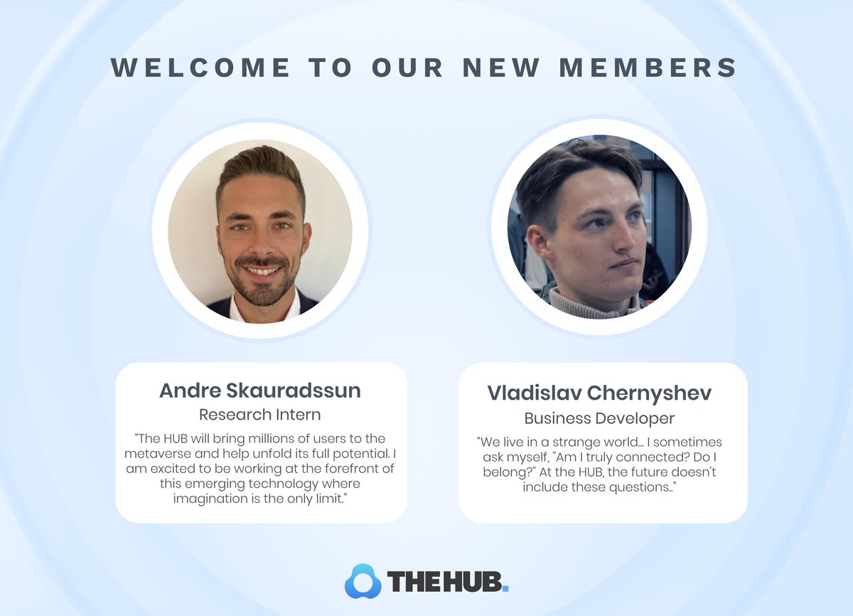 🌟 Exciting news at THE HUB! 🌟

Join us in welcoming Andre Skauradssun and Vladislav Chernyshev to our #team. Their impressive backgrounds will strengthen our mission to build the #Metaverse. ⚒️

Exciting times lie ahead!🚀

Get to know .. 🤝
Andre Skauradssun: