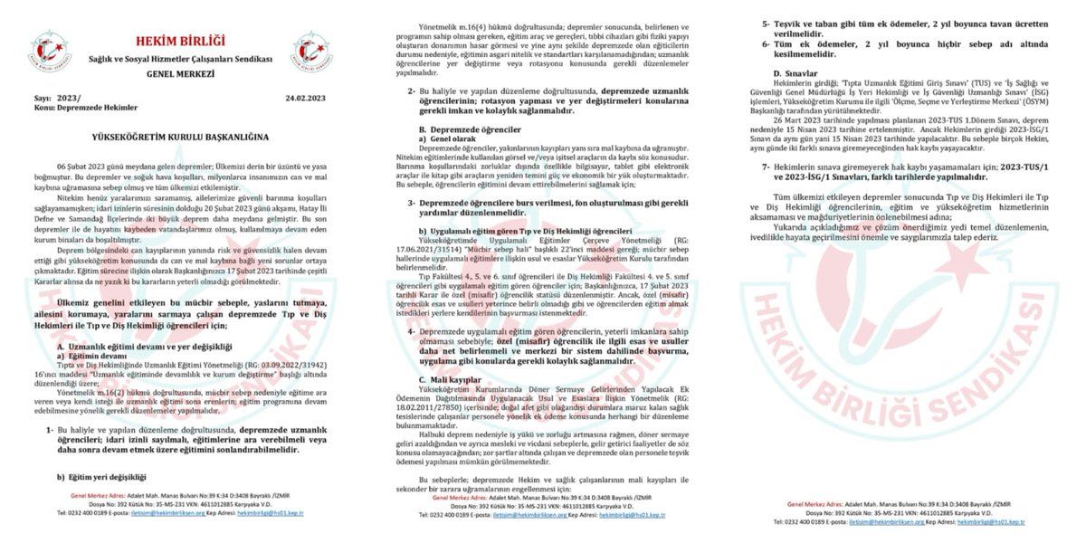 Deprem felaketinin üzerinden yaklaşık 4 ay geçmesine rağmen, halen depremzede hekimler ile ilgili genel sıkıntılar devam etmektedir.

DHY 180 güne inmeli, depremzede asistan hekimlerin eğitim hakkı için "kalıcı nakil hakkı" tanınmalıdır.

Depremzede hekimlerin barınma ihtiyacı