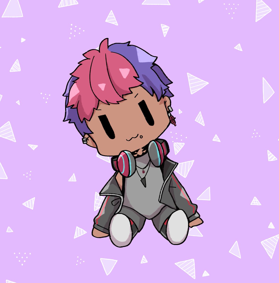 1boy male focus headphones solo chibi :3 pink hair  illustration images