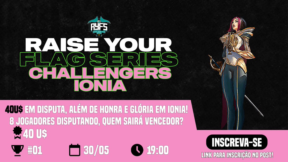 Chegou o tão esperado dia!!! 🏆 

Temos 8 jogadores que se dedicaram durante 2 semanas aptos a disputarem o torneio! 🔥

Venham conferir o ápice da liga de Ionia do RYFS e descobrir qual desafiante reinará!👑

📺twitch.tv/ryfs_oficial