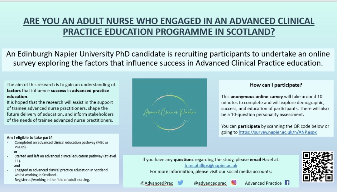 Are you a nurse trained in adult field?
Have you ever (not currently) engaged in #advancedpractice education?
Are you based in Scotland?
Looking to recruit to the study below.

survey.napier.ac.uk/n/ANP.aspx

#advancednursepractice #advancedclinicalpractice #nursepractitioner #ANP #ACP