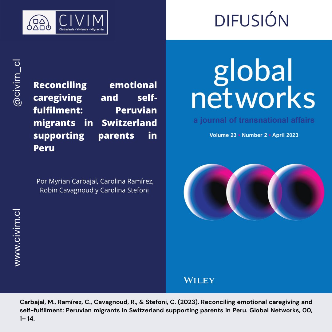 Les compartimos el artículo “Reconciling emotional caregiving and self-fulfilment: Peruvians migrants in Switzerland supporting parents in Perú”, donde participó nuestra investigadora Carolina Ramírez como coautora.
onlinelibrary.wiley.com/doi/10.1111/gl…