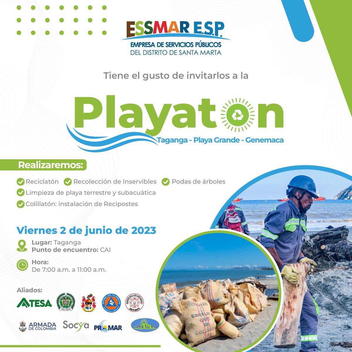 essmar_esp's tweet photo. ¡Nos unimos por el planeta 🌍!
Acompáñanos a la #Playaton que se realizará este viernes 2 de junio a las 7:00 a.m. en Taganga, Playa Grande y Genemaca.
Aliados:
@atesa_esp @BomberosVolSM @DefensaCivilCo @ArmadaColombia @PoliciaStaMarta @SomosSocya Promar y Salva tu Río. https://t.co/Cl9KeDKobQ