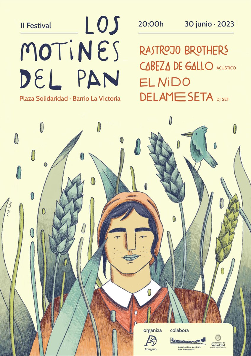 abriganno's tweet photo. ¡Revuelan las campanas! 🔔

Presentamos el cartel de la nueva edición de los #motinesdelpan  🥖

Nos vemos el 30 de junio, plaza de la Solidaridad, acogidos por las fiestas del Barrio la Victoria. 

#Rastrojobrothers @elnidomusica #Cabezadegallo #Delameseta @chachocosmico 🔥 https://t.co/9WByggwKAe