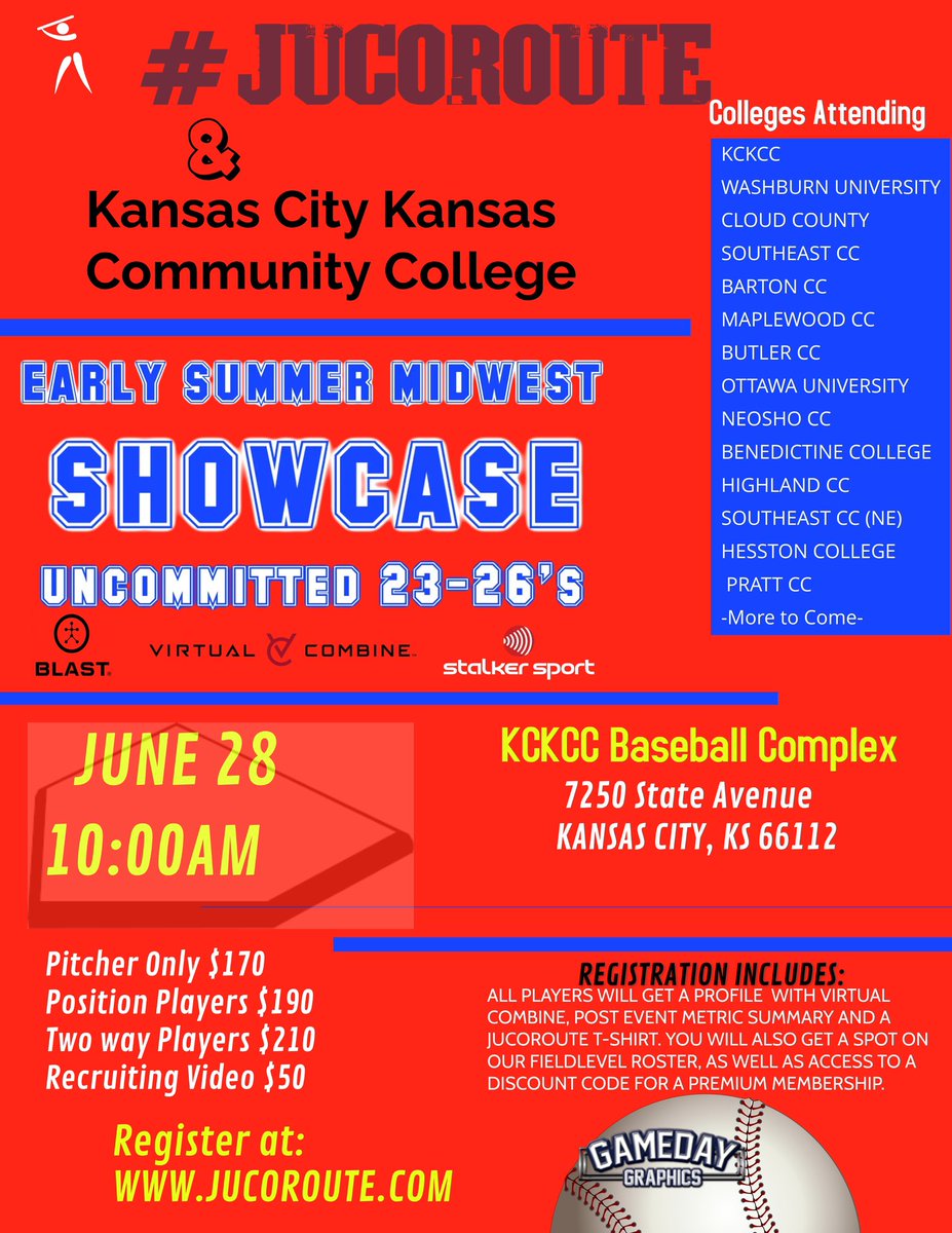 #JucoRoute (@jucoroute) on Twitter photo SUMMER MIDWEST SHOWCASE
KANSAS CITY
⚾️UNCOMMITTED HS GUYS⚾️
📆June 28
⏰10AM
🏟KCKCC Baseball Complex
(<a href="/KCKbaseball/">KCK Baseball</a> )
🎬Recruiting Video Available
👇REGISTER👇
JucoRoute.com
Metrics
<a href="/GamedayLLC/">GameDay Graphics LLC</a> <a href="/Blast_Bsbl/">Blast Baseball</a> <a href="/virtualcombine/">Virtual Combine</a> SUMMER MIDWEST SHOWCASE
KANSAS CITY
⚾️UNCOMMITTED HS GUYS⚾️
📆June 28
⏰10AM
🏟KCKCC Baseball Complex
(<a href="/KCKbaseball/">KCK Baseball</a> )
🎬Recruiting Video Available
👇REGISTER👇
JucoRoute.com
Metrics
<a href="/GamedayLLC/">GameDay Graphics LLC</a> <a href="/Blast_Bsbl/">Blast Baseball</a> <a href="/virtualcombine/">Virtual Combine</a>
