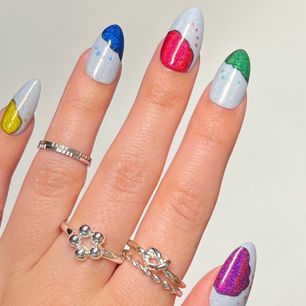 agrlndhrnalbrsh's tweet photo. It’s time for this months #randomholotuesday! This month we’re showcasing ’Featured Guest’. I decided to use this gorgeous polish as a base for my abstract art. 🤍 @holotaco @nailogical #nails #nailpolish #nailart #holo #holotaco https://t.co/5l6Fzj9ZjR