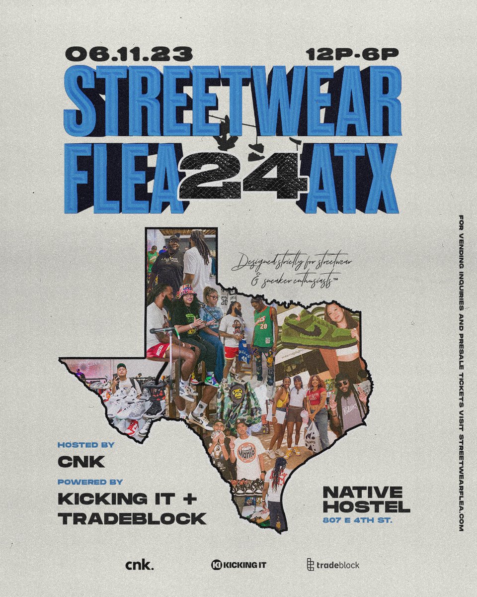 Austin, Texas! We’re back at @streetwearflea on June 11th, 2023! Panel discussions, vendor tables, and libations will be in full effect! 

Early Bird 🎟️: streetwearflea.com
@cnkdaily @kickingitatx