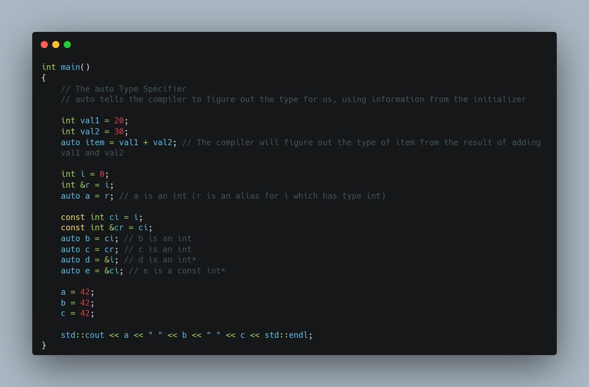 Day 2 of #100DaysOfCode - Studying the auto type specifier. Cool stuff! #Carbon_app #Coding #CPP #CPlusPlus