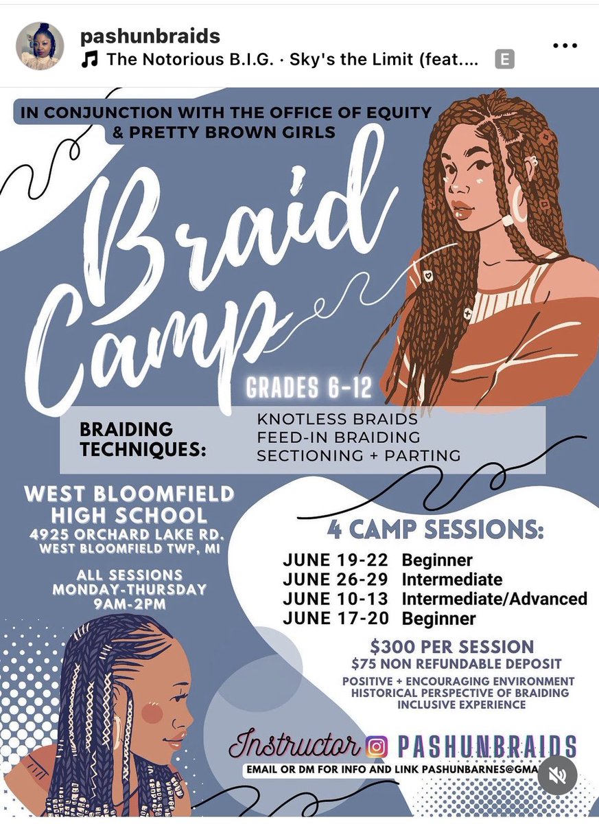 My friend is an educator and part-time hair braider. She’s combining those two loves into a sumner braiding camp for students in grades 6-12. If you have a child interested in learning how to braid or advancing their technique check it out! docs.google.com/forms/d/e/1FAI…